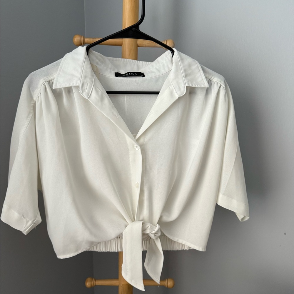 AKIRA White Button-Down Tie Front Shirt